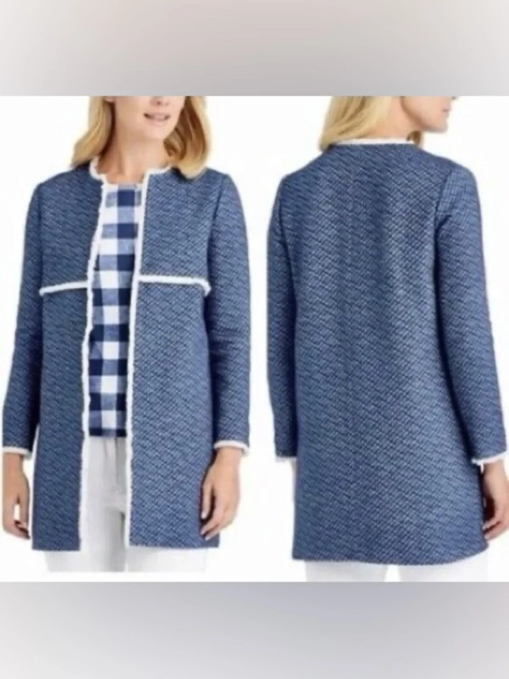 J. McLaughlin Tweed Fringe Trim Jacket Size XS Blue White Mid Length